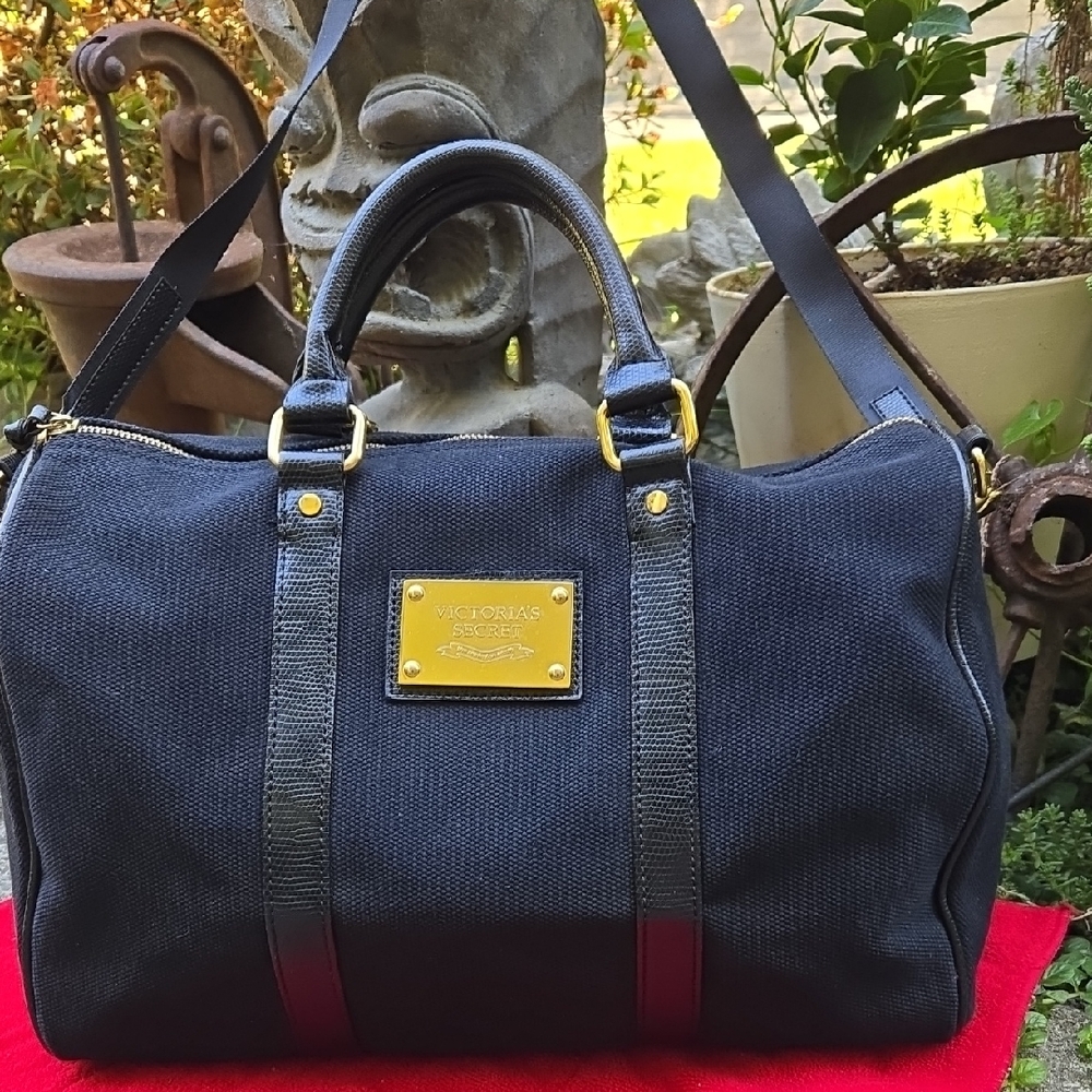 Victoria’s Secret Black Speedy Bag Canvas & Vegan Leather, Crossbody (BIN 001)